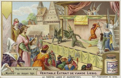 Bir ortaçağ gizeminin temsilini içeren Liebig kartı by French School