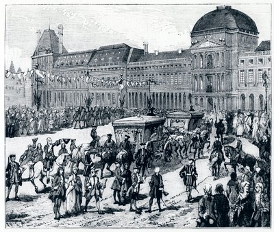 Louis XV altında yaşam: kral, kraliçenin ve yunusun kendisini beklediği Palais des Tuileries'e varıyor - Gerouillac tarafından “Yüzyıllar boyunca Paris'te” by French School
