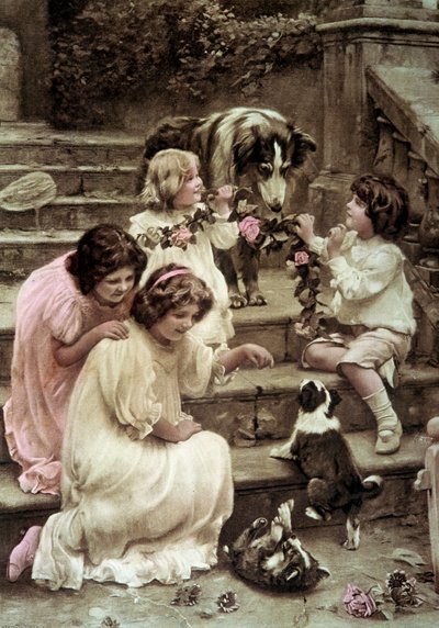 Köpeklerle oynayan küçük çocuklar 20. yüzyılın başından renkli kartpostal (fotoğraf) by French School