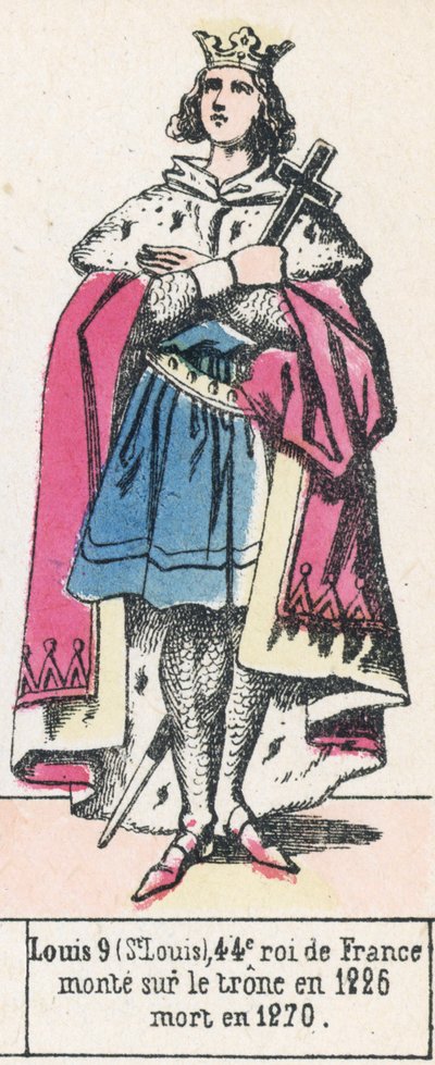 Louis 9 (St Louis), Fransa'nın 44. kralı 1226'da tahta çıktı, 1270'de öldü (renkli gravür) by French School
