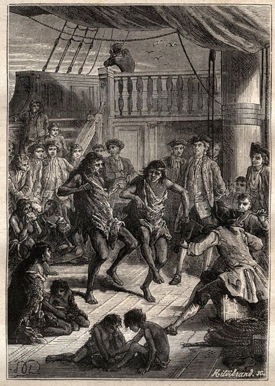 Bougainville Kontu Louis Antoine (1729-1811), Bay Fortescue (Macellan Detroit) sakinlerini 1768'de “La Boudeuse”” teknesinde kabul etti - “18. Yüzyılın Büyük Denizcileri”nden bir çizim by French School