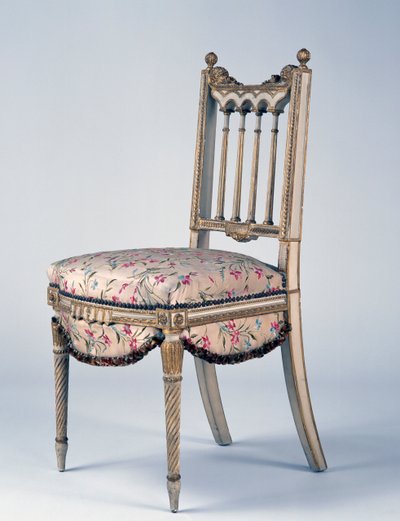 Louis XVI tarzı İkinci İmparatorluk (Napolyon III) yaldızlı ahşap ve Lyon ipek sandalye, 19. yüzyılın 2. yarısı, Fransa by French School