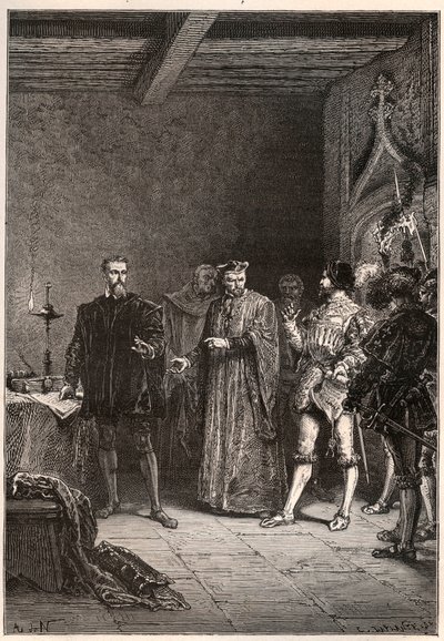 Louis de Berquin (1485-1529), şövalye ve hümanist, dini reformcu, Jean de la Barre (1523-1533) tarafından kurtarıldı prevot de Paris - Louis de Berquin (solda) John de la Barre tarafından hapishaneden serbest bırakıldı - “”den gravür Fransa