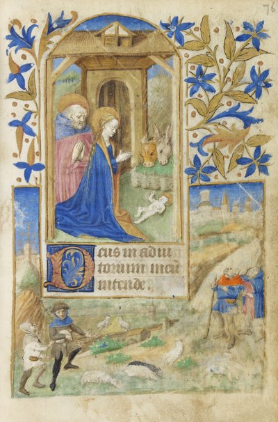 MS 39-1950 f.76r The Nativity, 1464 (parşömen üzerine altın gümüş ve renkli mürekkep) by French School