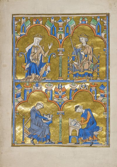MS M.240 f.8r, Kastilyalı Blanche ve Fransa Kralı IX.Louis ve altı: Bir Yazıcıya Dikte Eden Yazar, Saint Louis İncili (Ahlaki İncil), muhtemelen Paris by French School