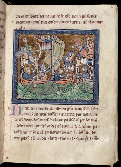 MS Marlay De Re Militari, c.1270'den bir deniz savaşını aydınlatan 1 f.86 sayfa metin ekleyin by French School