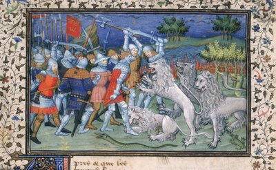 MS Royal 20 B.XX fol.50v Büyük İskender (MÖ 356-323) beyaz aslanlarla savaşır, Pseudo-Callisthenes tarafından yazılan 