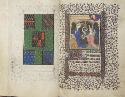 MS Widener 4, ff.26v-27r, Arması ve Müjde, Saatler Kitabından, Rennes kullanımı, c.1405 (parşömen üzerinde kalem ve mürekkep ve tempera) by French School