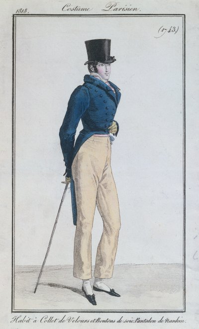 Kadife yakalı, ipek düğmeli ve nankeen pantolonlu erkek takım elbise, 1816 by French School
