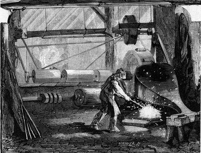 Tüfek toplarının imalatı: Demir şeritler kırmızı boştur. 12 Aralık 1857 tarihli “” Le Monde Illustré”” n°35