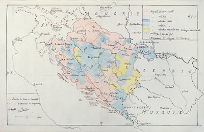 Azınlık etnik gruplar tarafından işgal edilen alanların ayrıntılarını içeren Bosna Haritası, 1910 (kalem, mürekkep ve tuvalet) by French School