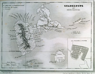 Guadeloupe haritası ve bağımlılıkları. 19. yüzyılın gravürü. Chartres, Güzel Sanatlar Müzesi by French School