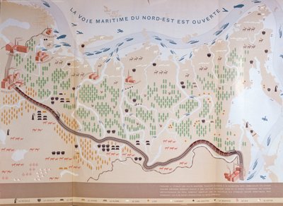 Bölgenin muazzam doğal kaynaklarını gösteren ve ticareti açacak bir deniz yolunu gösteren Sibirya haritası, 1933 by French School