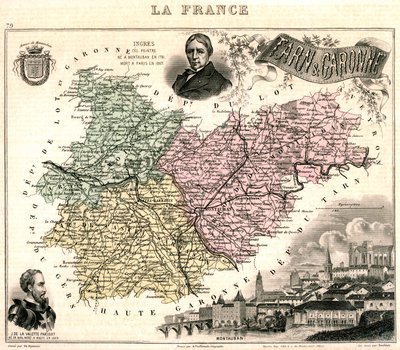 Montauban manzaralı Tarn-et-Garonne Haritası ve Ingres ve Jean Parisot de La Valette portreleri (renkli taş) by French School
