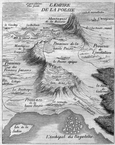 Farklı şiir türlerini temsil eden “Şair İmparatorluğu” haritası. Bernard Le Bouyer (Le Bovier) de Fontenelle (1657-1757) by French School