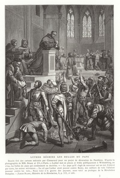 Martin Luther papalık boğalarını parçalıyor, Wittenberg, Almanya, 1520 by French School