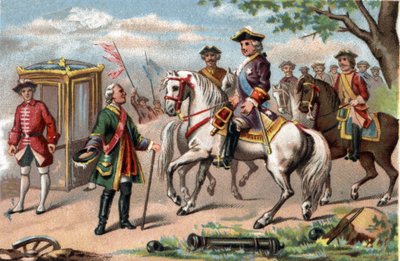 Fontenoy savaşında galip gelen Saksonyalı Maurice (1696-1750), Fransa kralı XV. Louis (1710-1774) ile karşılaştı. 1890 civarında kromolitografi. by French School
