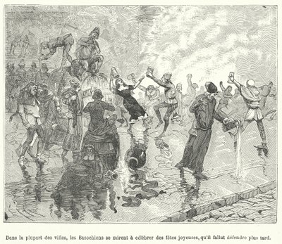 Basaoche üyeleri, bir hukuk katipleri loncası, bir ortaçağ Fransız kasabasının sokaklarında bir festivali kutluyor (gravür) by French School