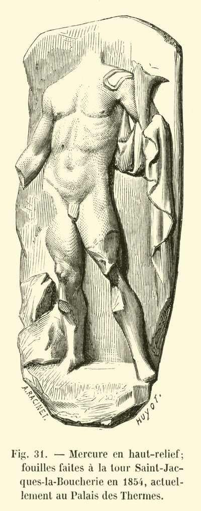Merkür yüksek kabartmada; 1854 yılında Saint-Jacques-la-Boucherie kulesinde yapılan kazılar, şu anda Palais des Thermes