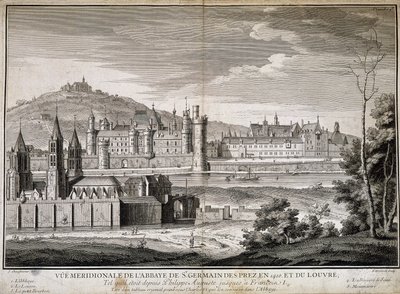 1410 yılında Saint Germain des Pres ve Louvre manastırının meridyen görünümü - gravür by French School