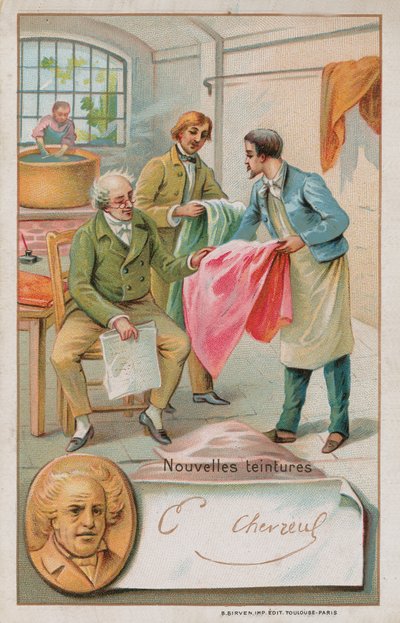 Michel Eugene Chevreul, Fransız kimyager (1786-1889), bazı yeni boyaları inceliyor by French School