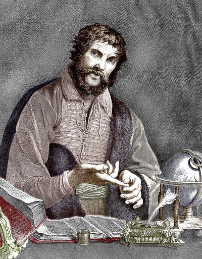 Michel de Nostredame, namı diğer Nostradamus (1503-1566) Fransız astrolog ve doktor, gravür, renkli belge by French School