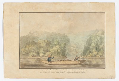 Micmacks, huş kabuğu kanolarında; Cape Breton adasında Nova Scotia arasındaki Canso Boğazı by French School