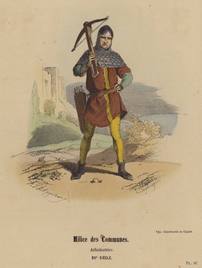 Komün Milisleri, Arbalestrier, XII. Yüzyıl (renkli gravür) by French School
