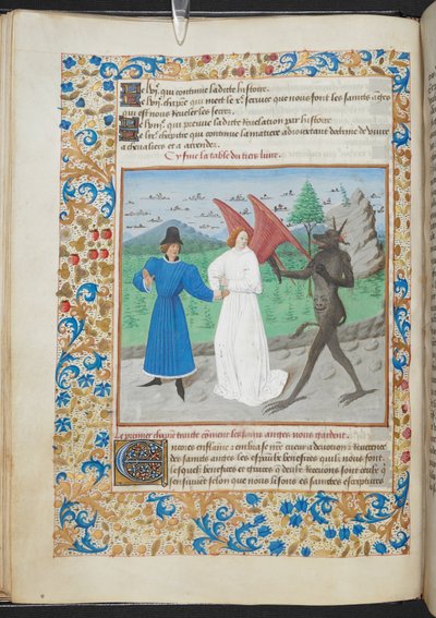 Koruyucu meleği ve şeytanı olan bir adamın minyatürü Sloane MS 3049 f. 27, yak. 1480 (parşömen) by French School