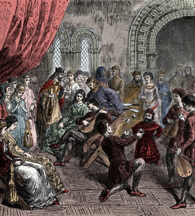 Sarayda Âşıklar ve Hokkabazlar (el boyaması gravür) by French School