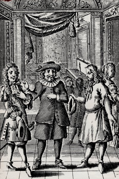 Cimri, Moliere'in çalışmasından gravür, Jean-Baptiste Poquelin'in takma adı (1622-1673) - Moliere L'Avare'nin sahne de la parçası - 1740'a kadar gravür by French School