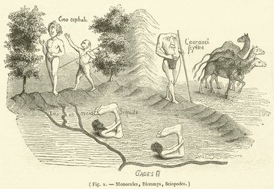 Monocules, Blemmys, Sciopodes (gravür) by French School