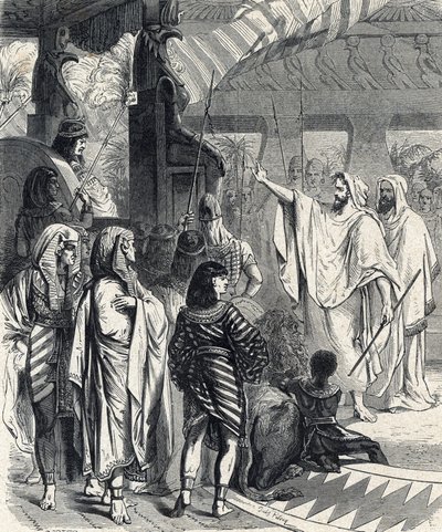 Musa ve Harun firavunu ziyaret ediyor (Musa ve Harun firavunu ziyaret ediyor) Lahure'nin 'Kutsal Tarih'inden gravür 19. yüzyıl by French School