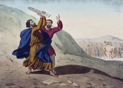 Musa, Yasa Tabletlerini ve Altın Buzağının Tapınmasını Kırıyor, LHistoire Sainte ilmihalinden bir örnek, Charles Delagrave tarafından yayınlandı, Paris, 19. yüzyıl by French School