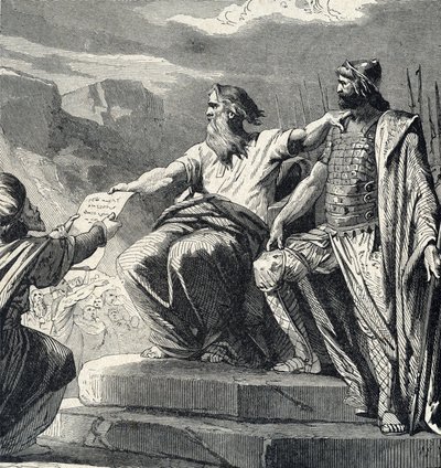 Musa, İsrail halkına Josue'nin otoritesini tanımalarını emrediyor (Musa, halefi olarak Joshua'yı seçiyor) Lahure'nin 'Kutsal Tarih'inden gravür 19. yüzyıl Özel Koleksiyonu by French School