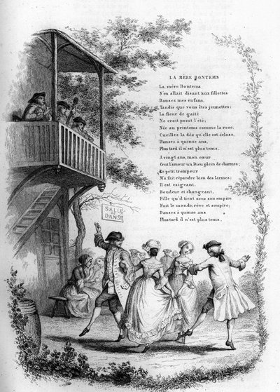 Ana Bontemler (Bontemps). Balkonda müzisyenler ile bir köyde genç çiftlerin dansı. “” Chants et chansons populaire de la France”, Cilt 2