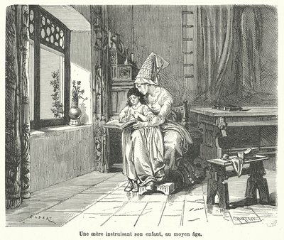 Orta çağda çocuğuna öğreten anne (gravür) by French School