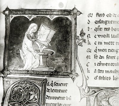 Ms.3142 fol.256 Marie de France (fl.12. yüzyıl) yazısı, bir Anthology of French Poems, c.1280-90 (detay) by French School