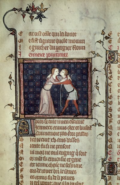Ms 1126 fol.8r Gençlik ve Sevgi Kucaklama, Guillaume de Loris ve Jean de Meung tarafından Le Roman de la Rose