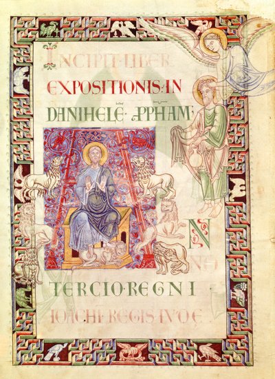 Ms 132 f.2v Daniel in the Lions Den Beslenen Habakkuk, Explanatio in Prophetas et Ecclesiasten, St. Jerome by French School