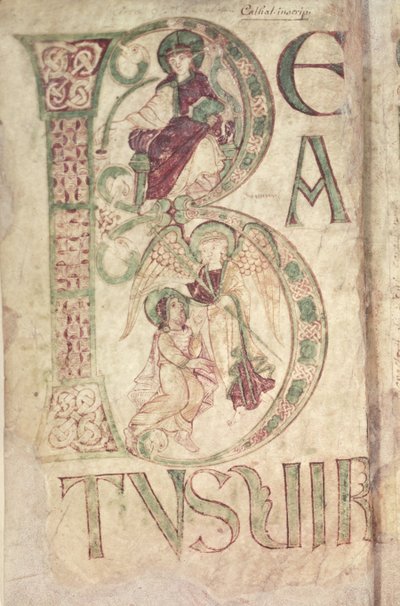 Ms 18 f.1v Corbie Mezmurundan St. John the Evangelist ve bir Meleği betimleyen tarihi başlangıç B by French School