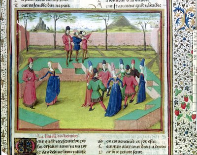 Ms 19153 f.7 Meyve Bahçesinde Bir Carole, Jean de Meung tarafından Le Roman de la Rose