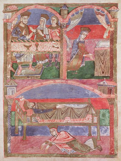Bayan 250 f.24r St. Radegund (518-87), Clothar I (497-561) masasında, hitabetinde ve kraliyet yatağının ayaklarında, Life of St. Radegund