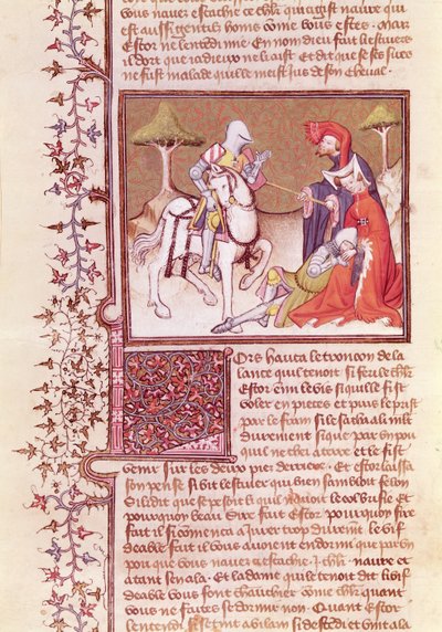 Ms 3479 fol.516 Ve böylece ölmekte olan şövalyeden mızrağı çıkardı, Livre de Messire Lancelot du Lac