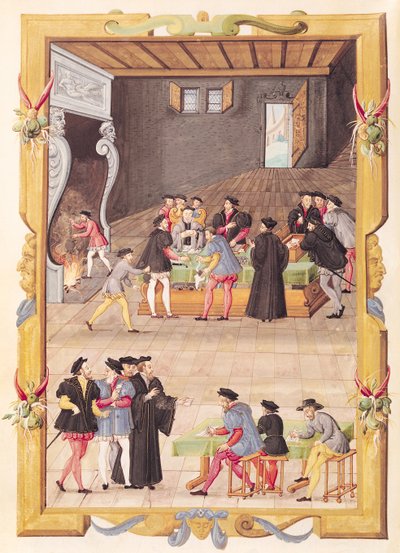 Ms 5169 f.2v Noterler Koleji ve Kral Sekreterleri Salonundaki Noterler ve Kral Sekreterleri by French School