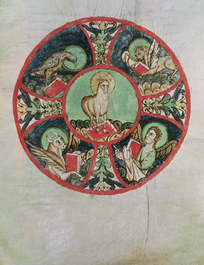 Ms. 69 fol.138v Evanjelistlerin Sembolleriyle çevrili Tanrı Kuzusu by French School
