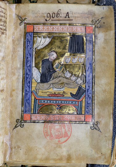 Ms 753 Fol.9 Monk yatağında yazıyor, Guillaume de Tournai tarafından Flores Bernardi