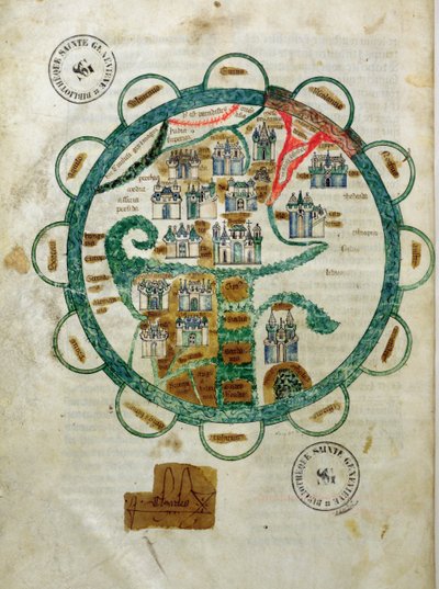 Ms 782 fol.16v. Bir küre şeklinde dünya haritası, Grandes Chroniques de Philippe le Hardi