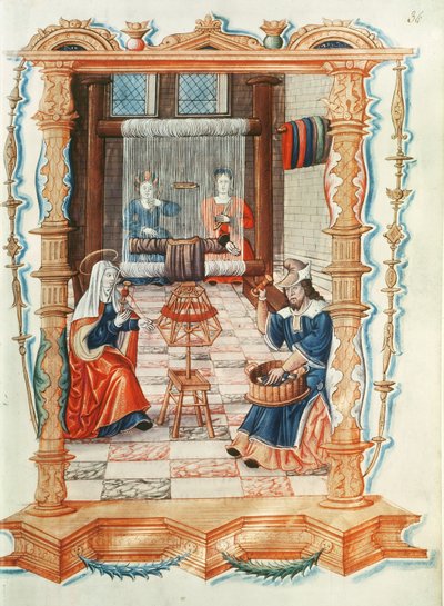 Bayan Fr 1537 Fol. 36 Bir atölyede dokuma yapan Meryem Ana, Chants royaux sur la Conception Couronnee du Puy de Rouen