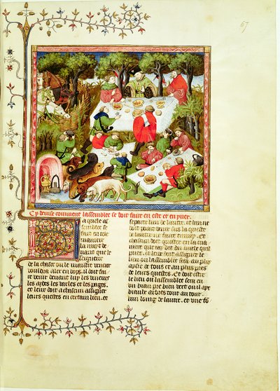 Bayan Fr 616 fol.67 Geyik avından önce şölen yapan avcılar, Livre de la Chasse